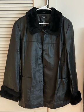Vintage George Woman Genuine Leather Fur Trim Coat Black Leather Jacket